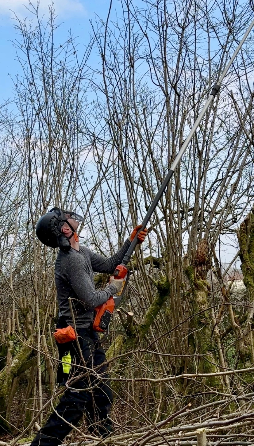 A man with a chainsaw in a wooded area.