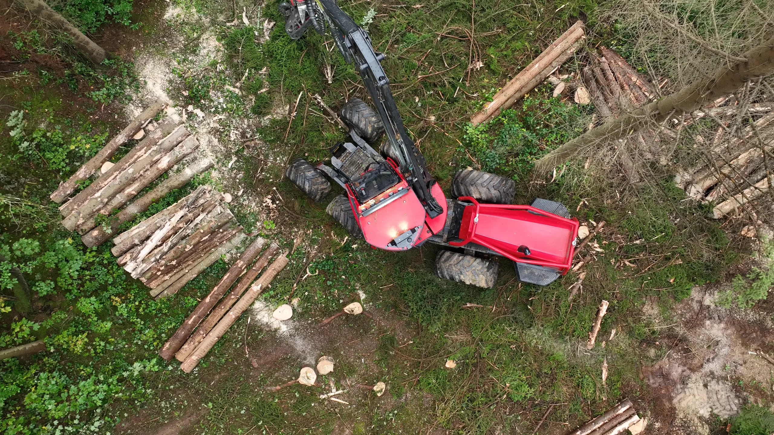 A red tractor parked next to a pile of logs.